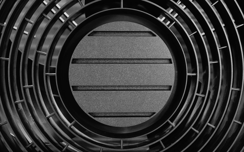 Close-up of a heat pump fan grille
