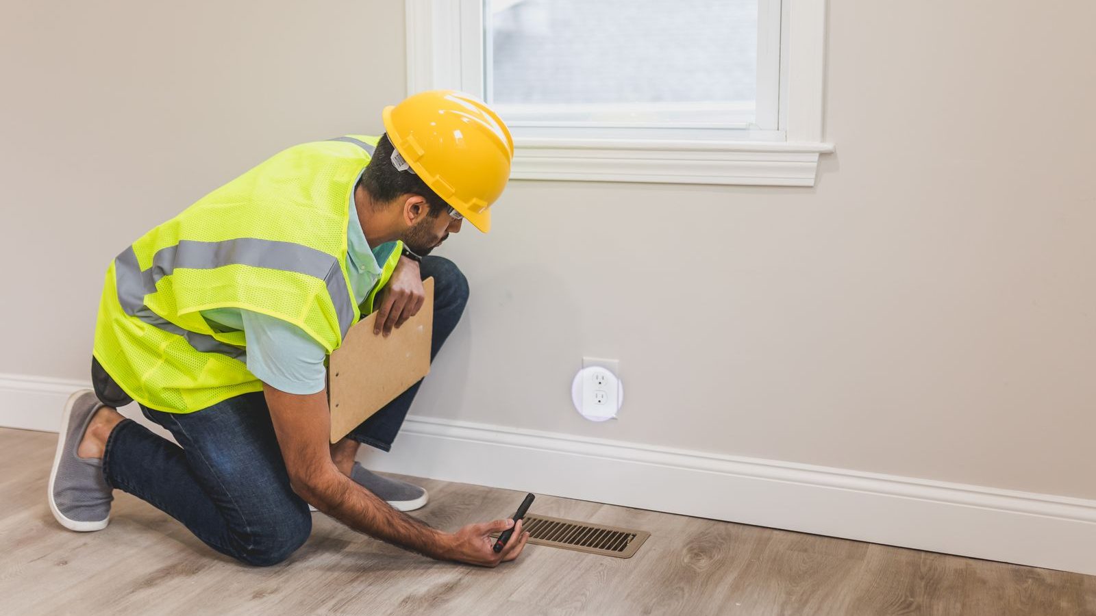 Home inspector checking a floor vent and ductwork