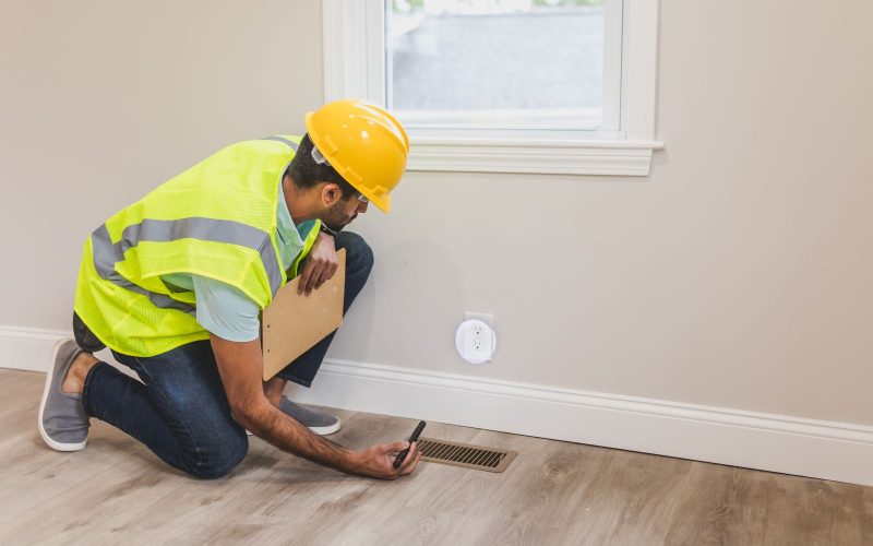 Home inspector checking a floor vent and ductwork