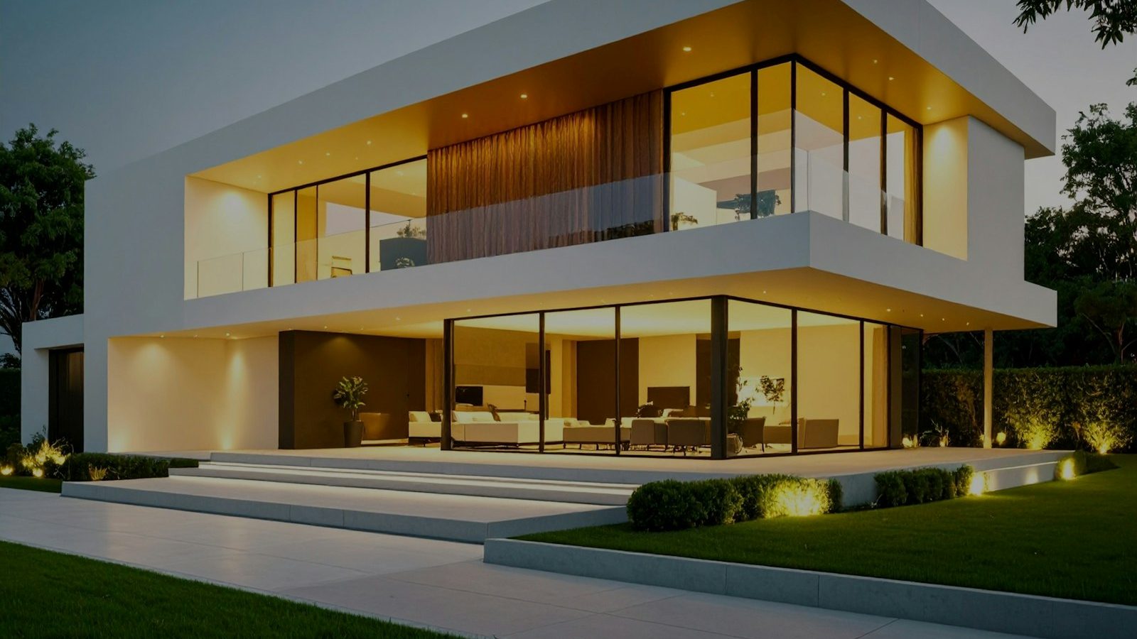Modern house exterior glowing with lights at dusk