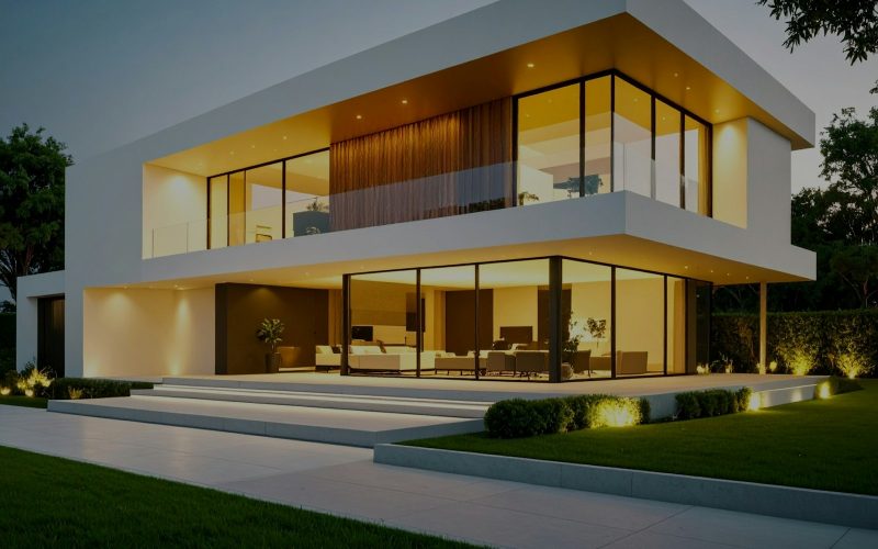 Modern house exterior glowing with lights at dusk