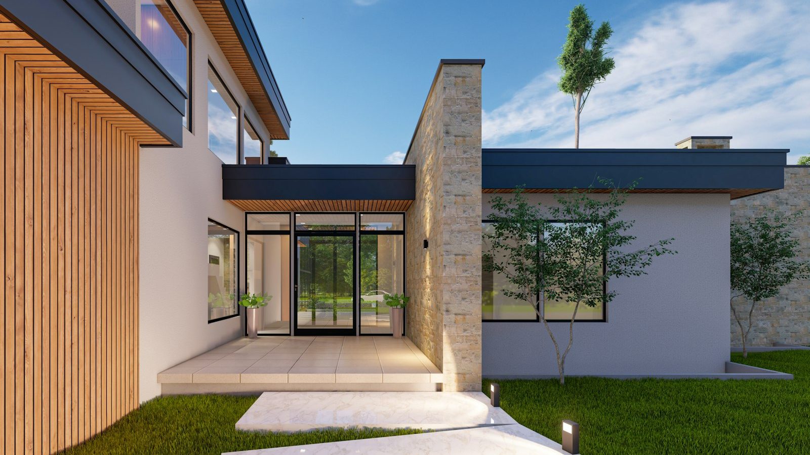 Modern single-story home with a large front yard
