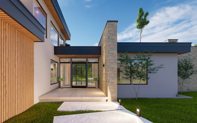 Modern single-story home with a large front yard
